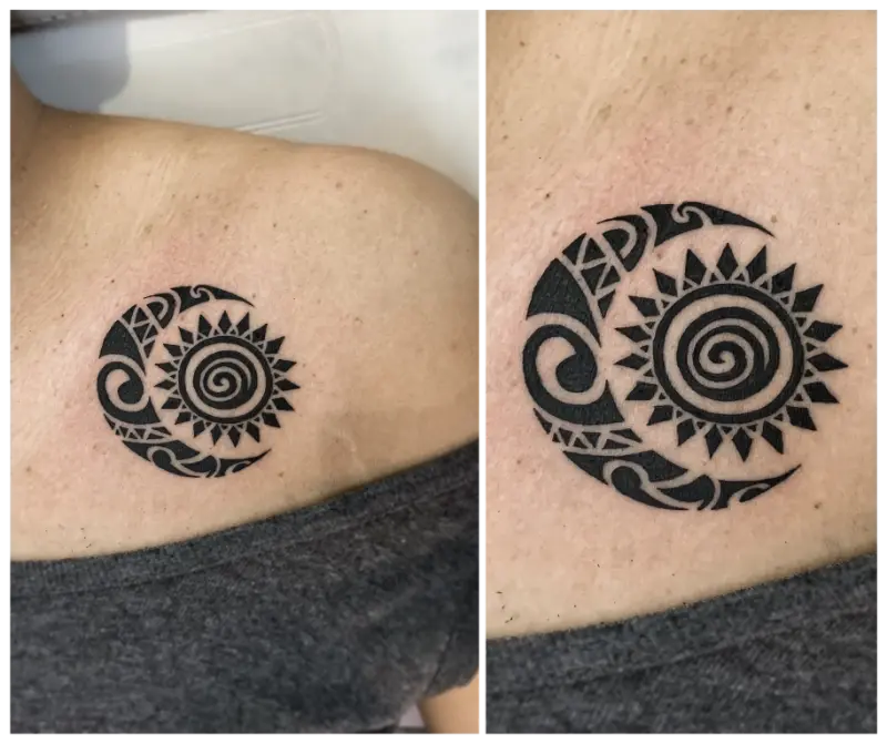 tribal pattern black ink tattoo of sun and crescent moon